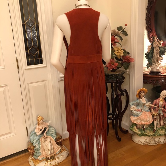 NEVER WORN ORANGE SUEDE DEEP V NECK DRESS WFRINGES - Picture 4 of 7